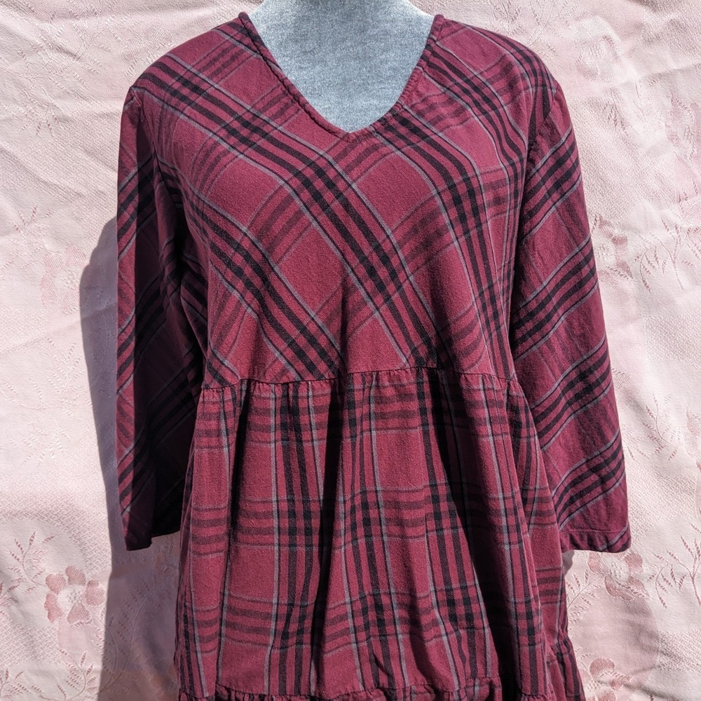 Vermont Country Store Dress M Plaid Tiered Cotton Midi Cottagecore Modest V Neck - Picture 4 of 16